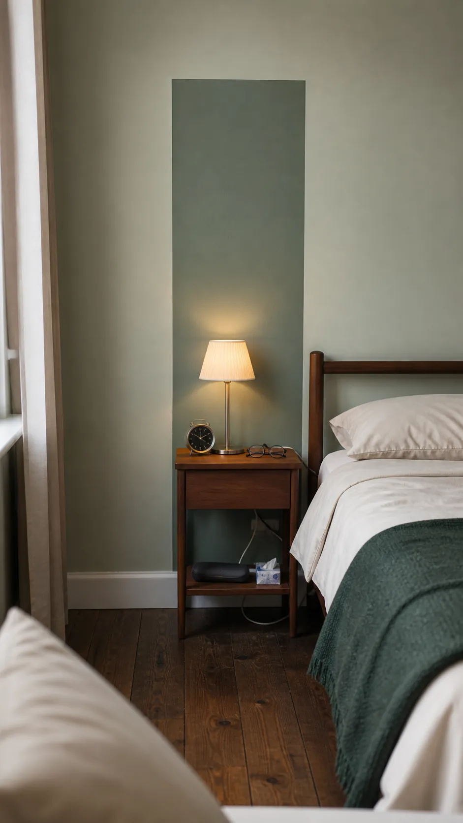 Tall sage tone-on-tone wall decal panel behind a bedroom nightstand