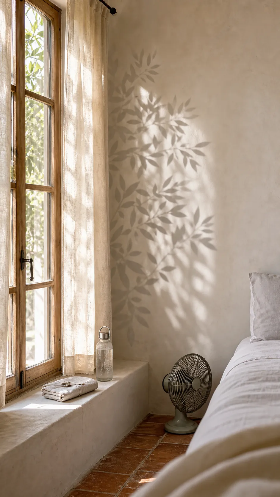 Soft taupe leaf-shadow decals beside a sunlit bedroom window