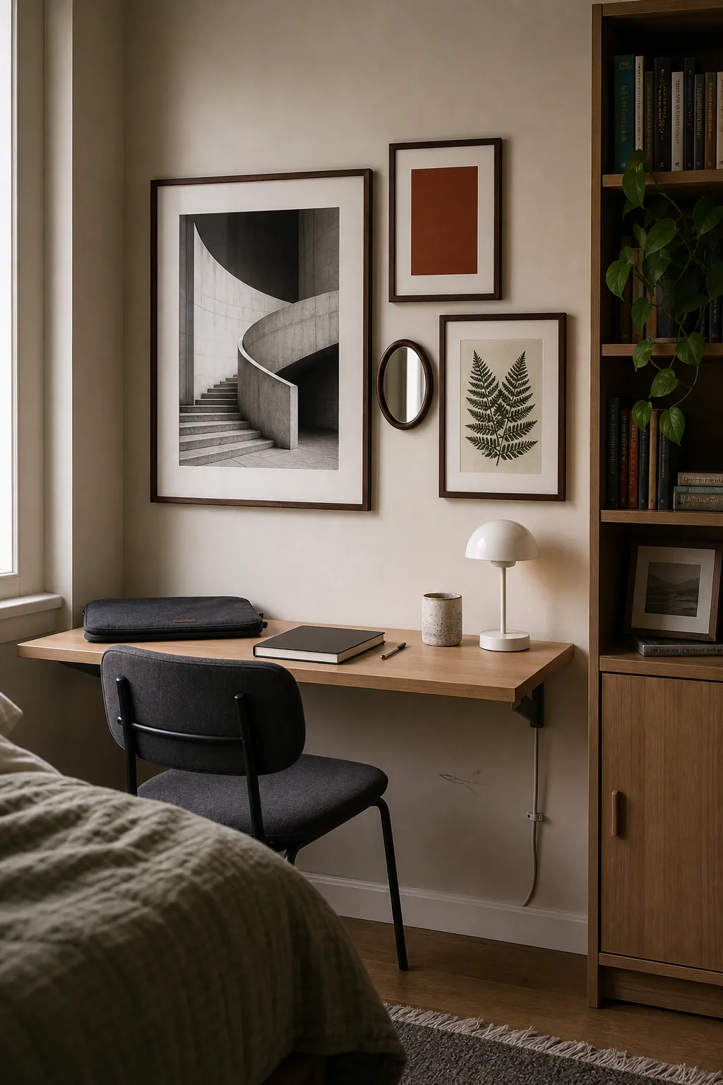 Compact gallery wall grouped around one portrait print in a small bedroom