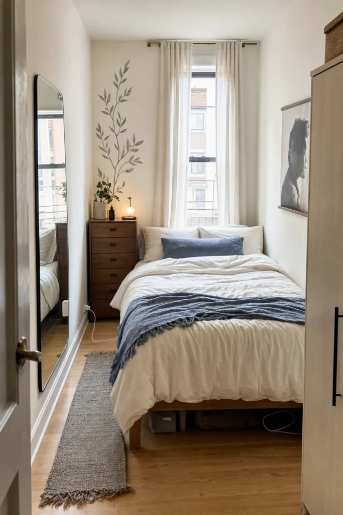 Thoughtful wall decor making a small bedroom feel taller and organized