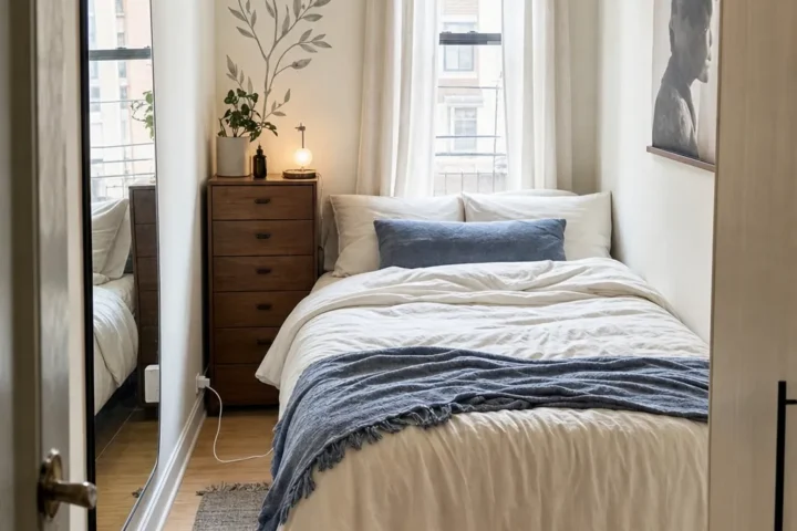 Thoughtful wall decor making a small bedroom feel taller and organized