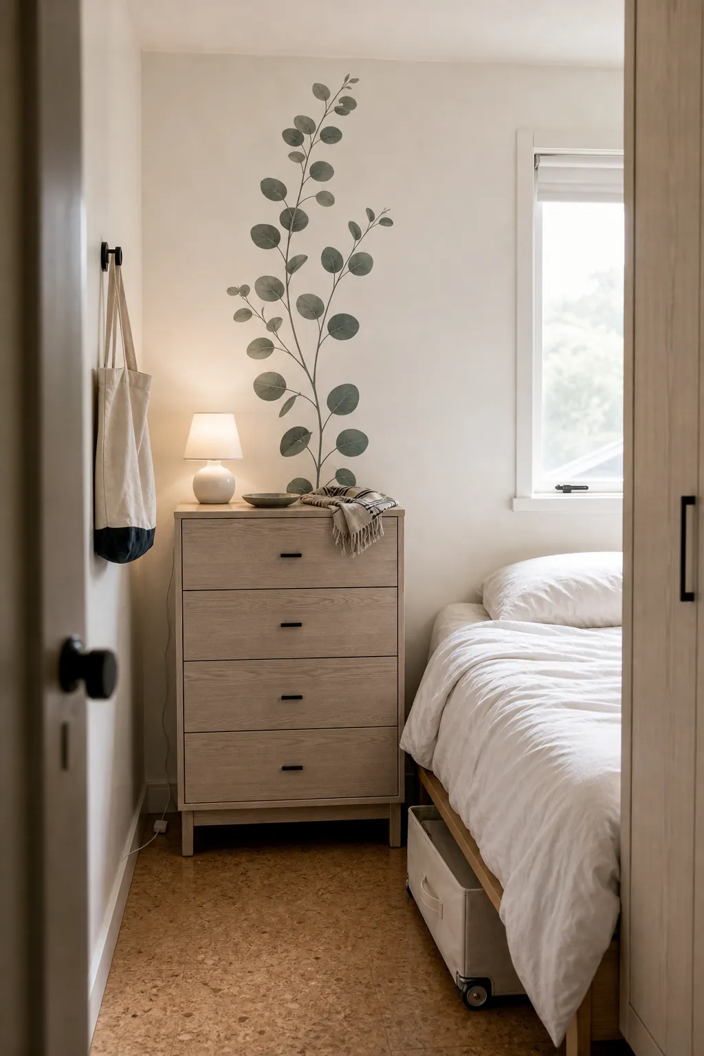 Tall botanical decal rising behind a narrow dresser in a small bedroom