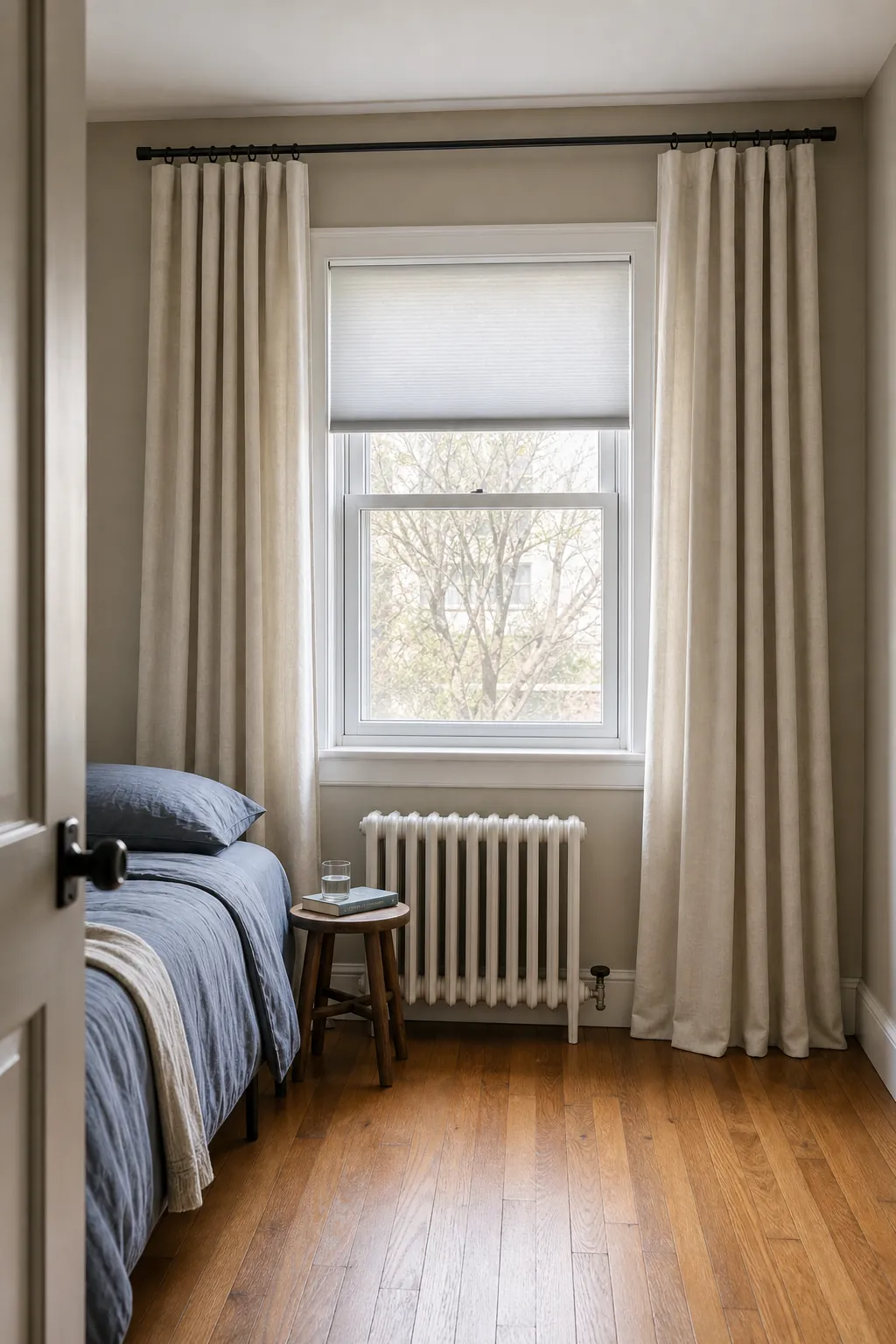 Ceiling-height curtains making a small bedroom window look taller