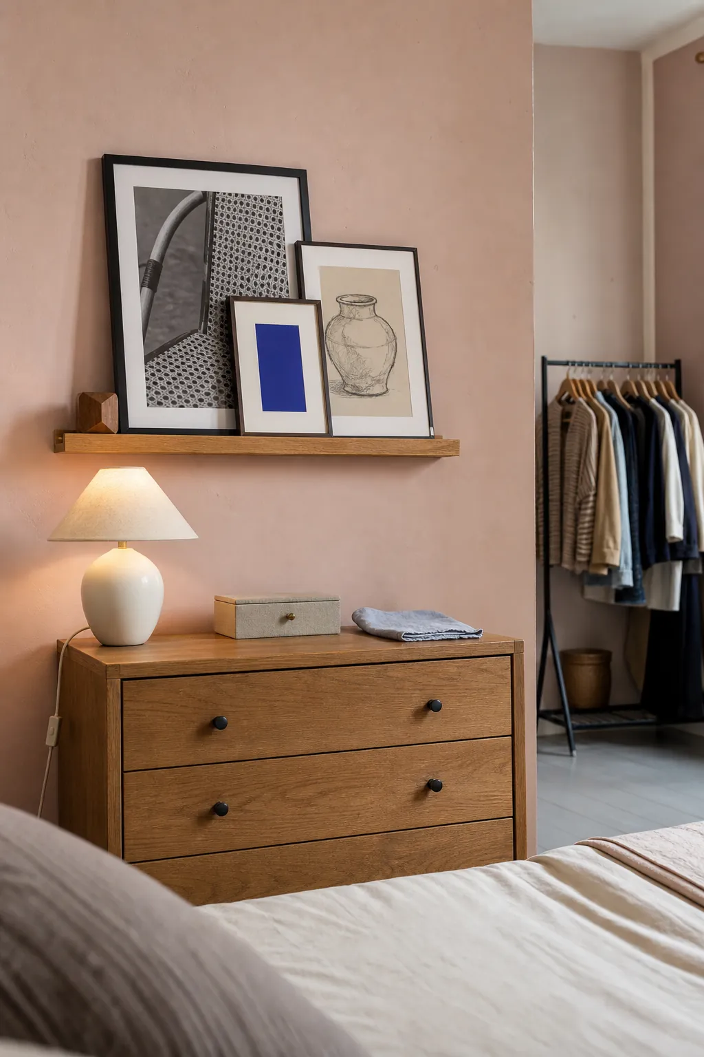 Short shallow picture ledge holding overlapping art in a compact bedroom