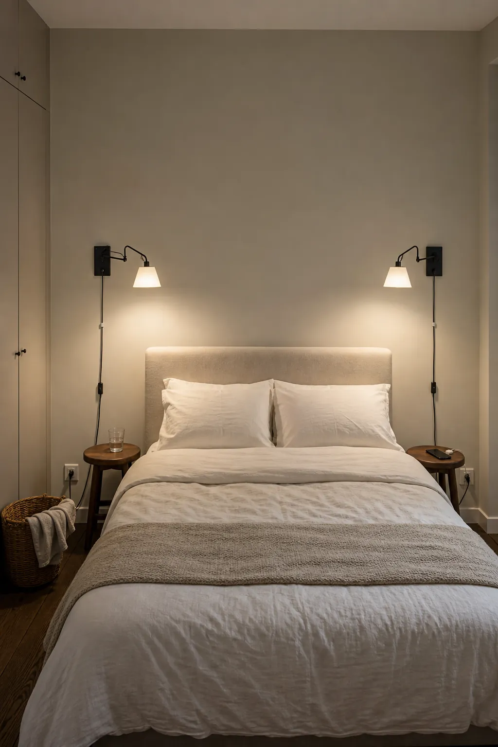 Slim plug-in sconces freeing bedside space in a small bedroom