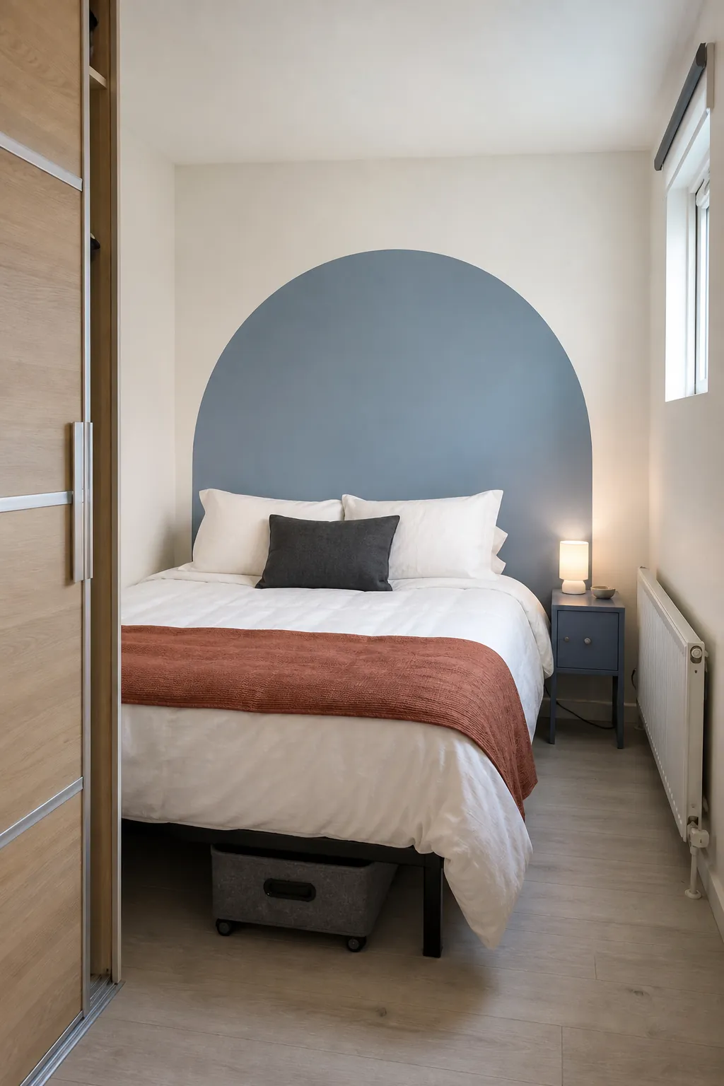 Wide muted arch decal replacing a bulky headboard in a tiny bedroom