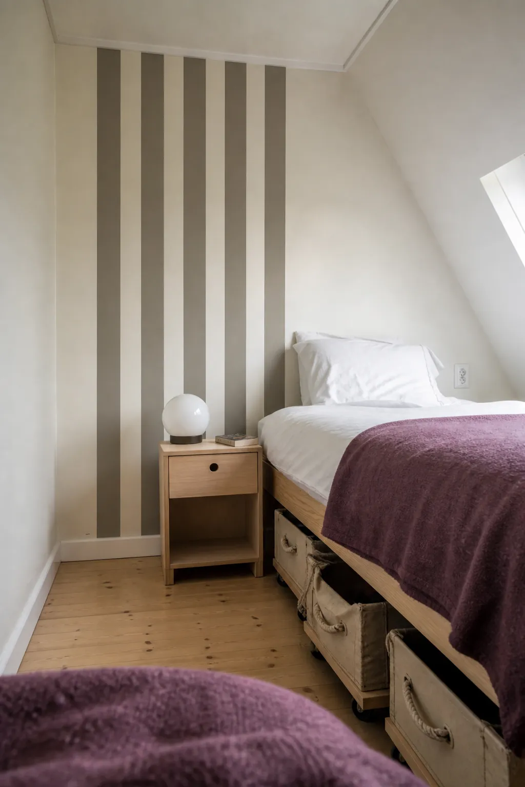Widely spaced vertical stripe decals behind a nightstand in a small room