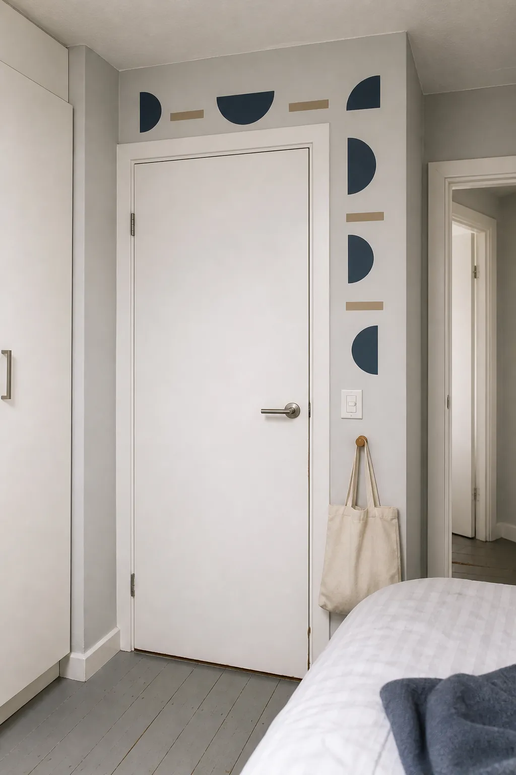 Restrained geometric decals using the wall around a small bedroom door