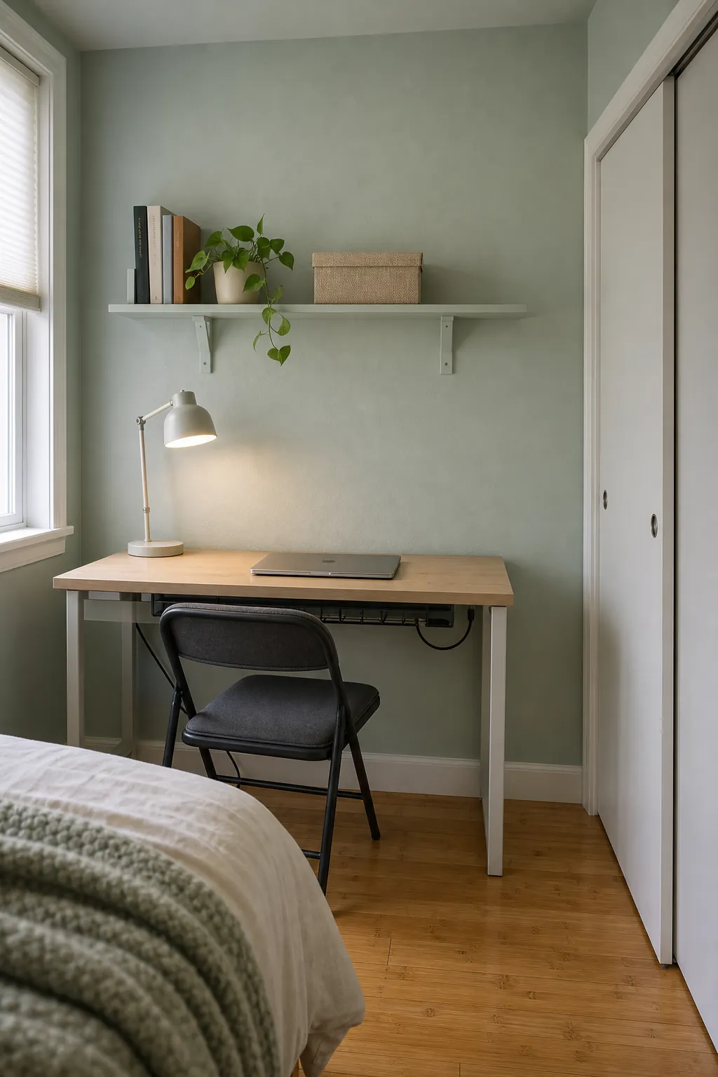 Color-matched wall shelf blending into a small bedroom wall