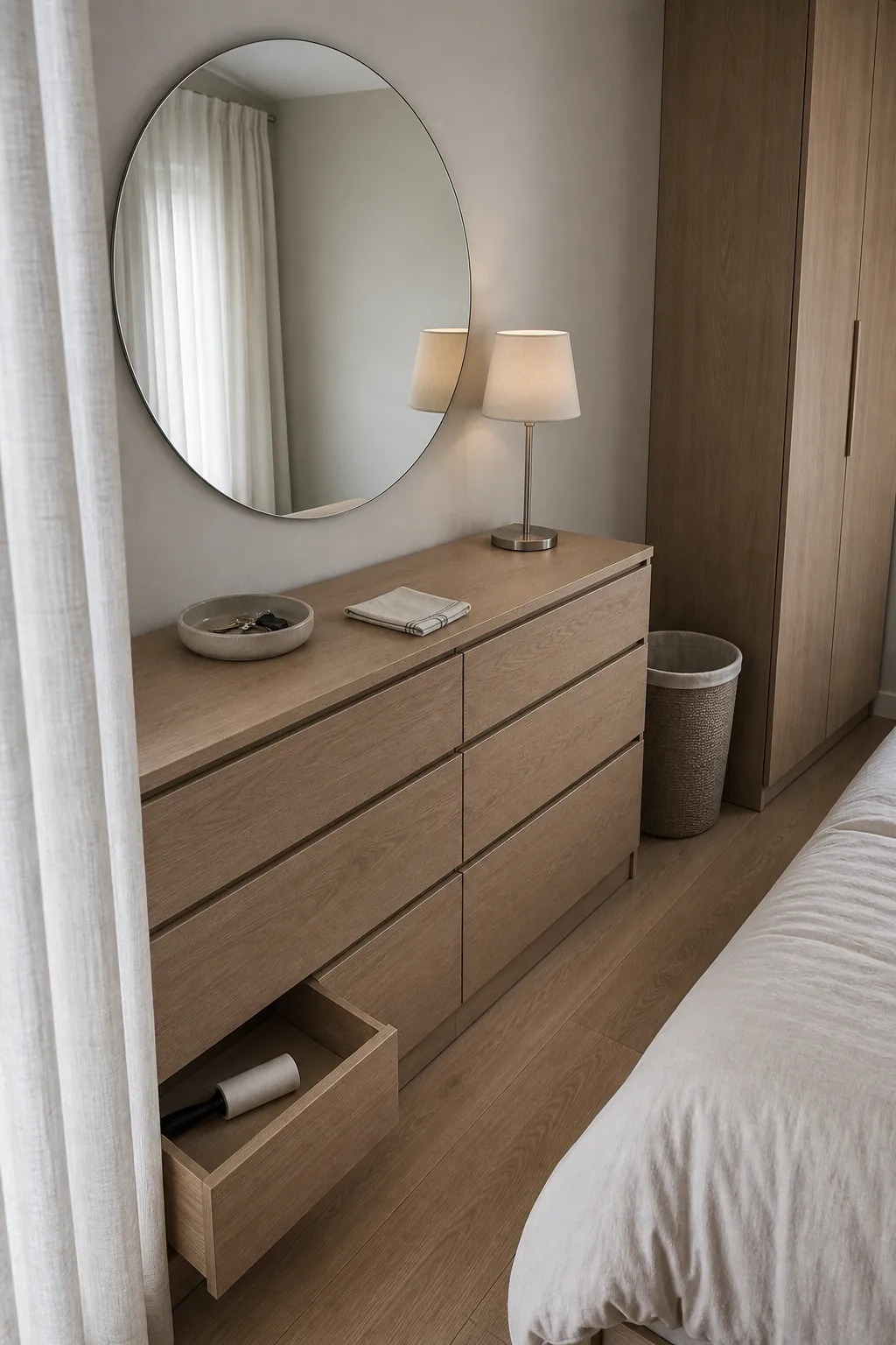 Round mirror centered above a narrow dresser in a small bedroom