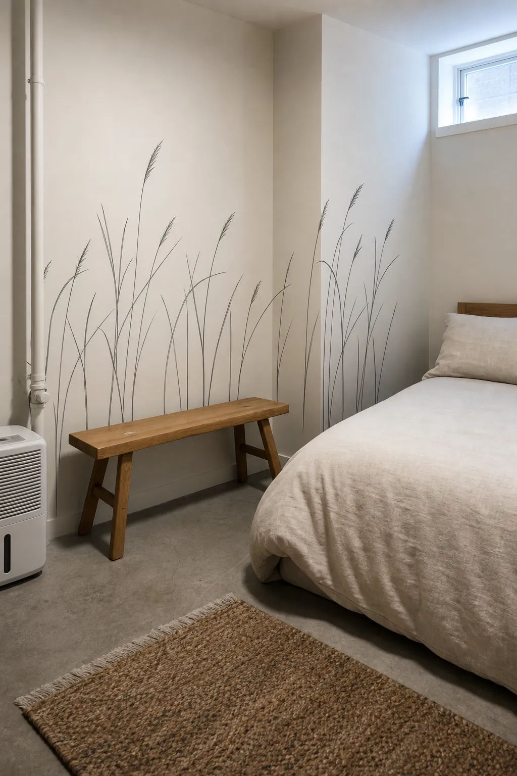 Sparse line mural wrapping a corner in a narrow bedroom
