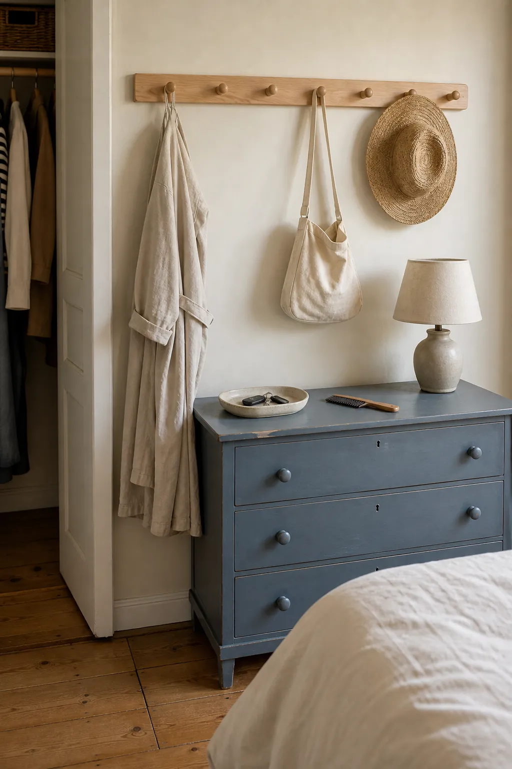 Simple peg rail organizing daily items above a small bedroom dresser
