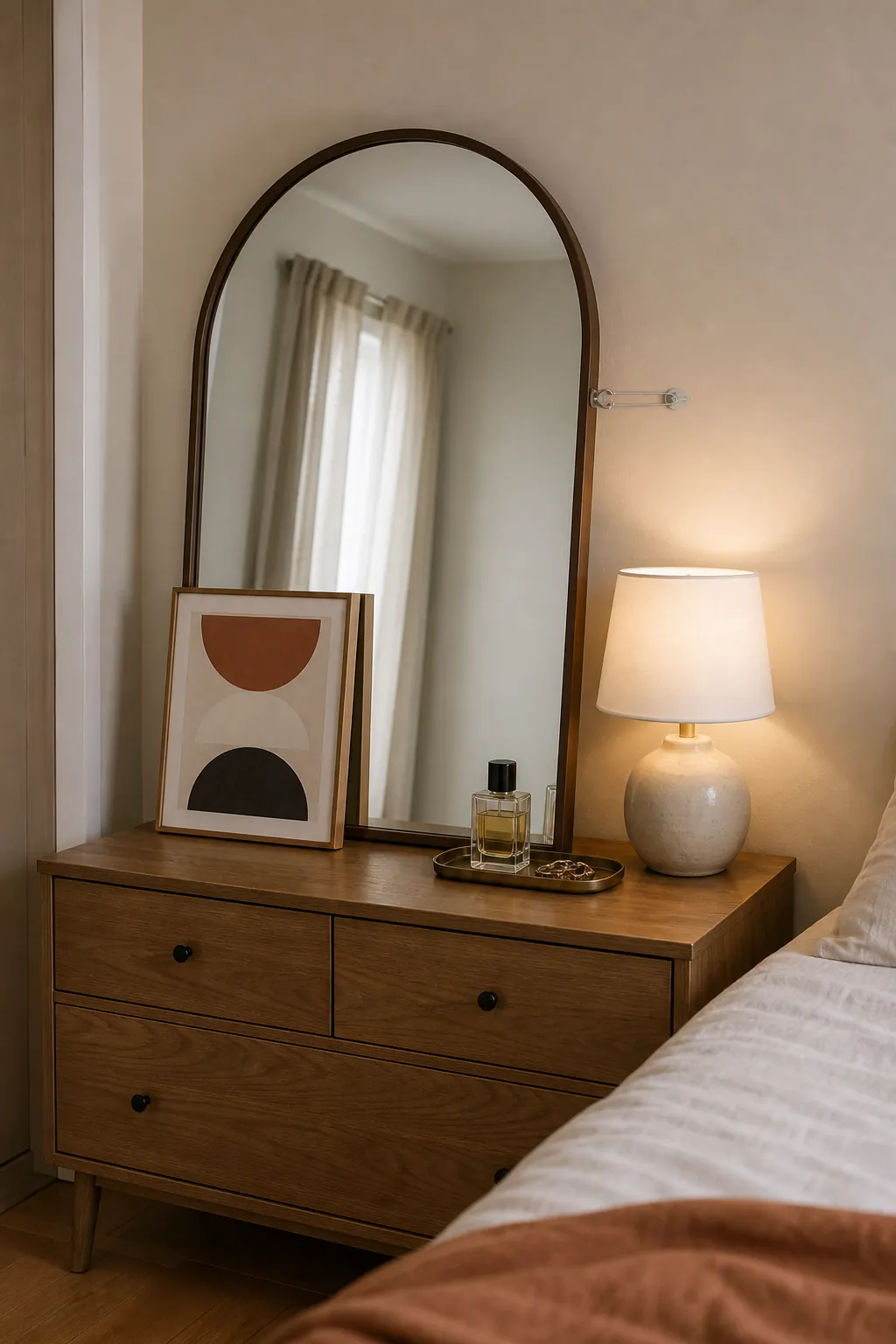 Small print layered in front of a mirror on a compact bedroom dresser