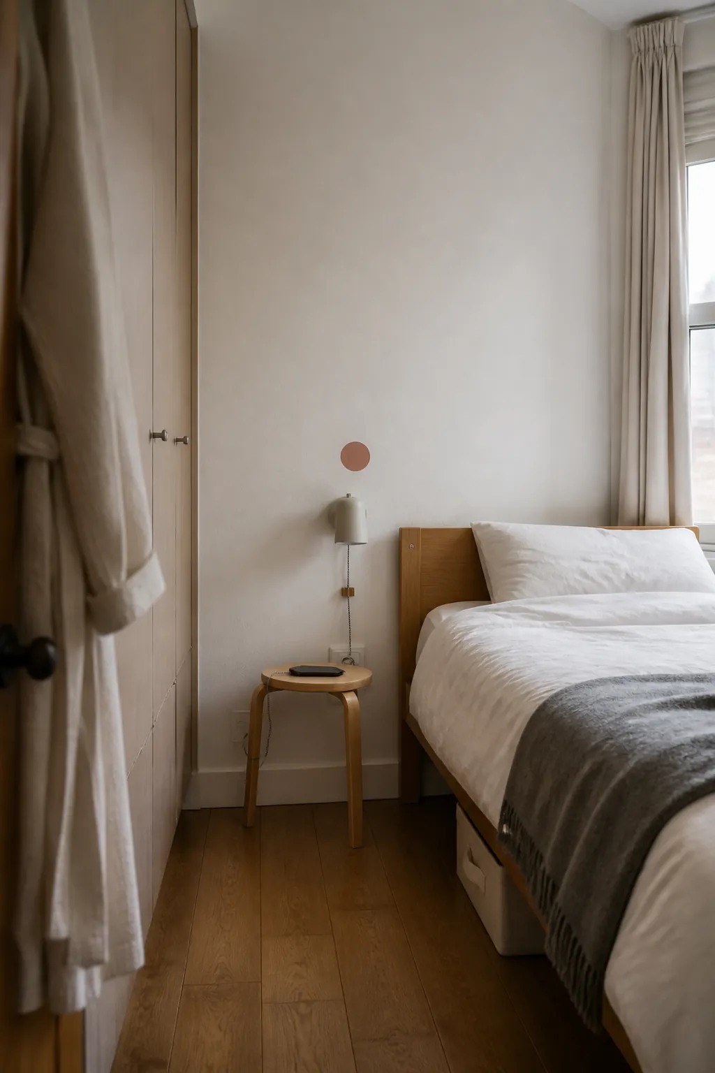 Nearly empty wall balancing a thoughtfully decorated small bedroom