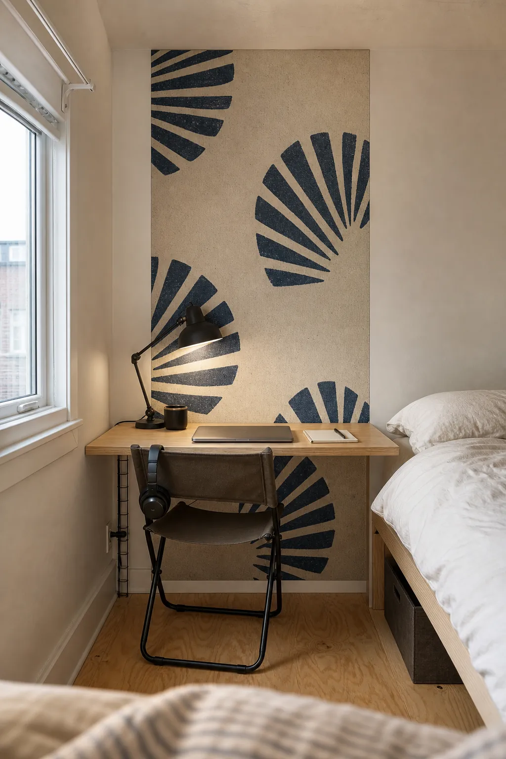 Narrow block-print mural panel defining a desk in a tiny bedroom