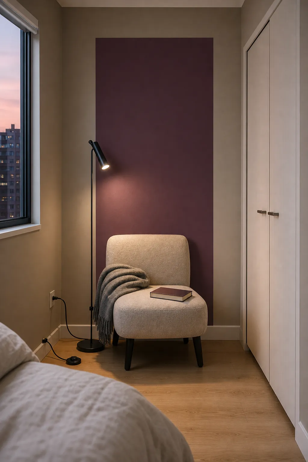 Slim color block defining a reading chair in a small bedroom