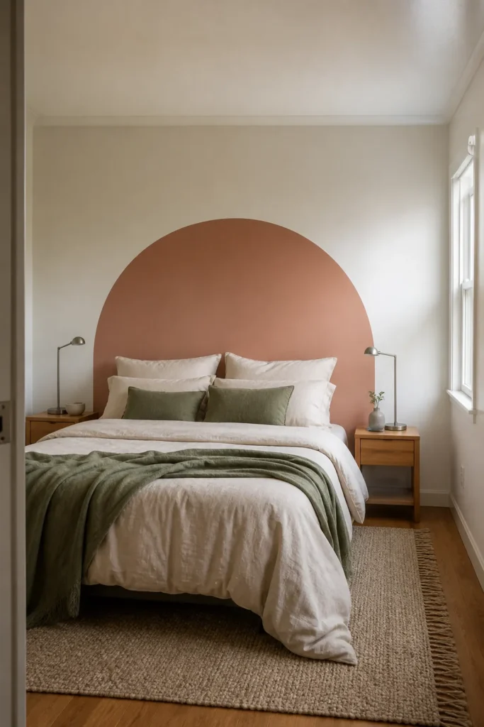 Headboard-free bedroom finished with a wide removable arch decal