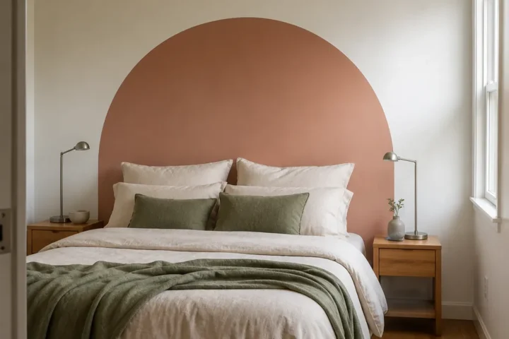 Headboard-free bedroom finished with a wide removable arch decal