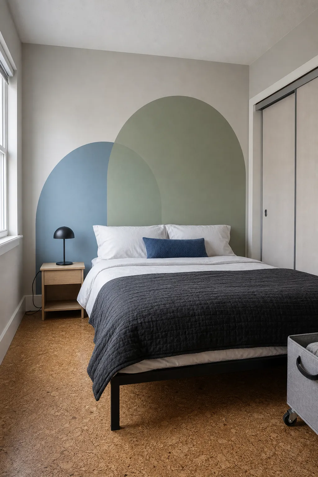 Overlapping muted arches balancing an off-center bed
