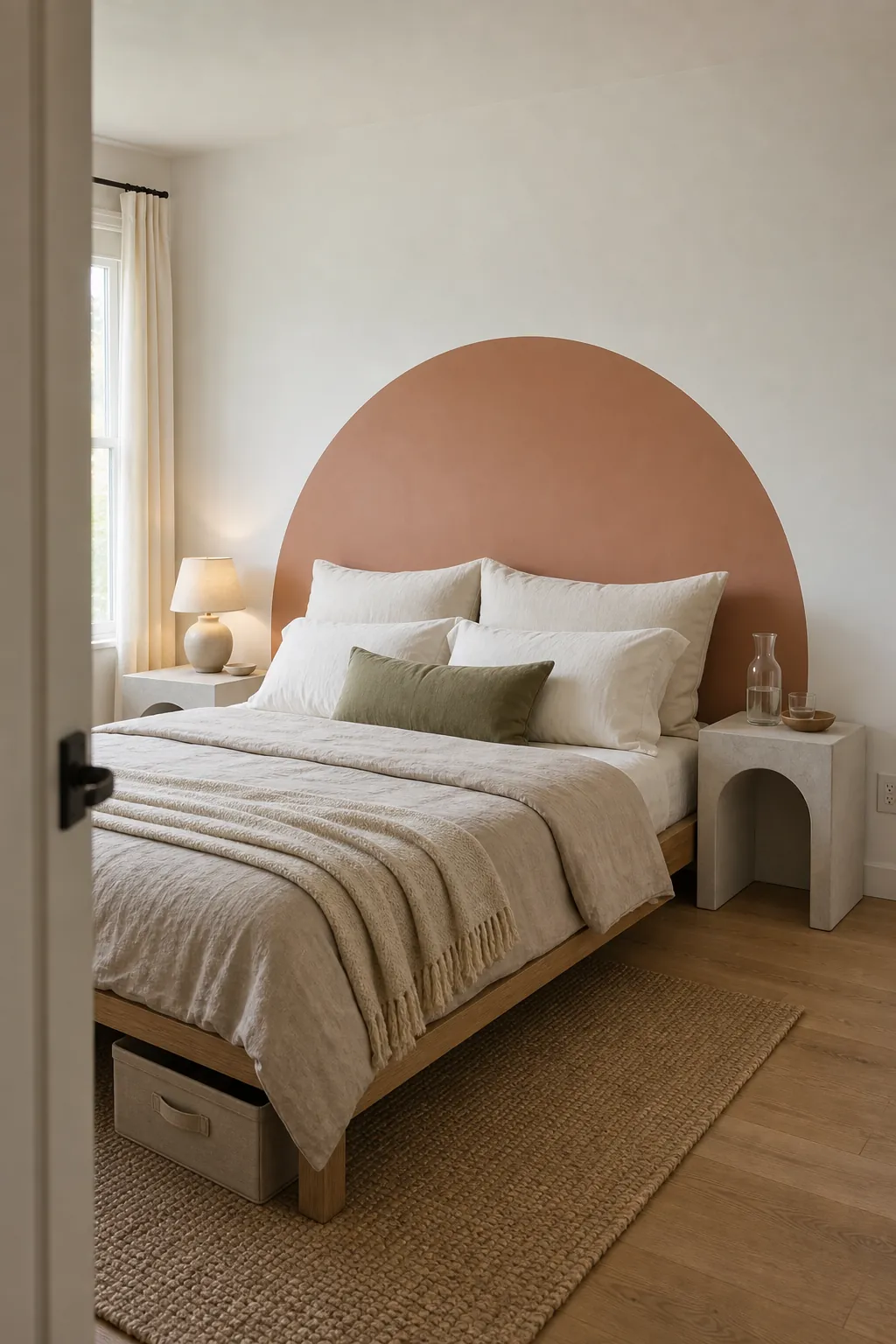 Wide desert clay arch decal acting as a faux headboard