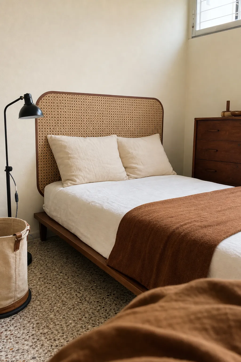 Printed cane weave decal forming a slim faux headboard