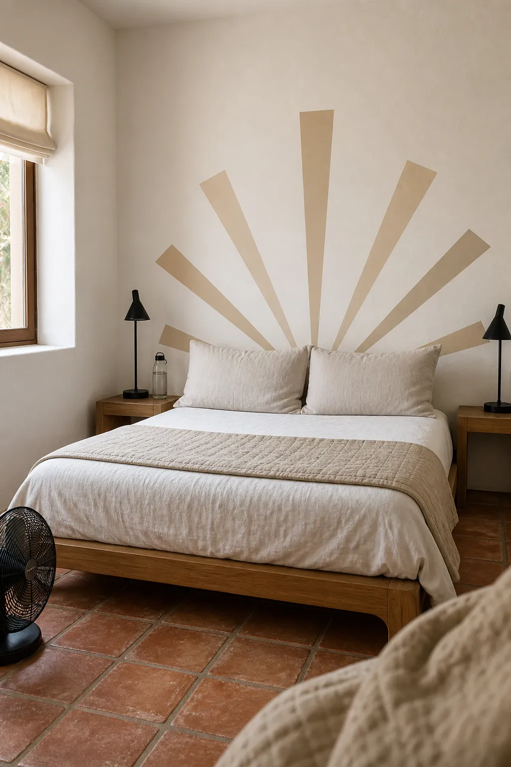 Tonal sunburst decal radiating behind bedroom pillows