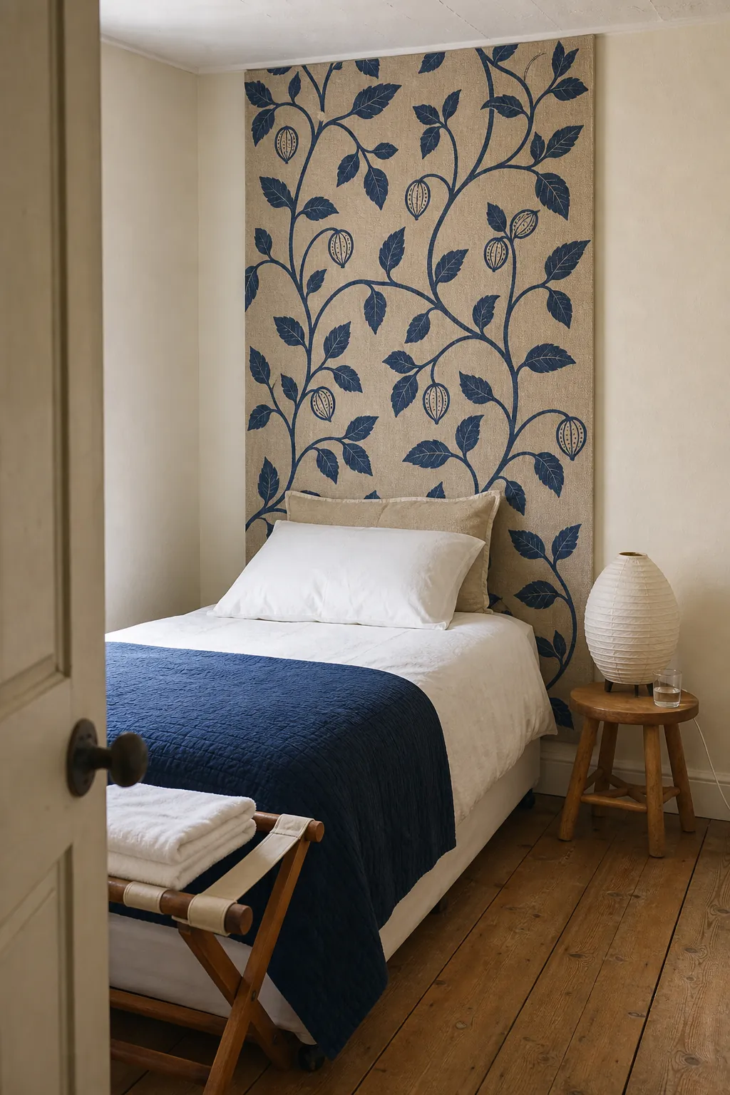 Indigo block-print floral decal panel behind a bed