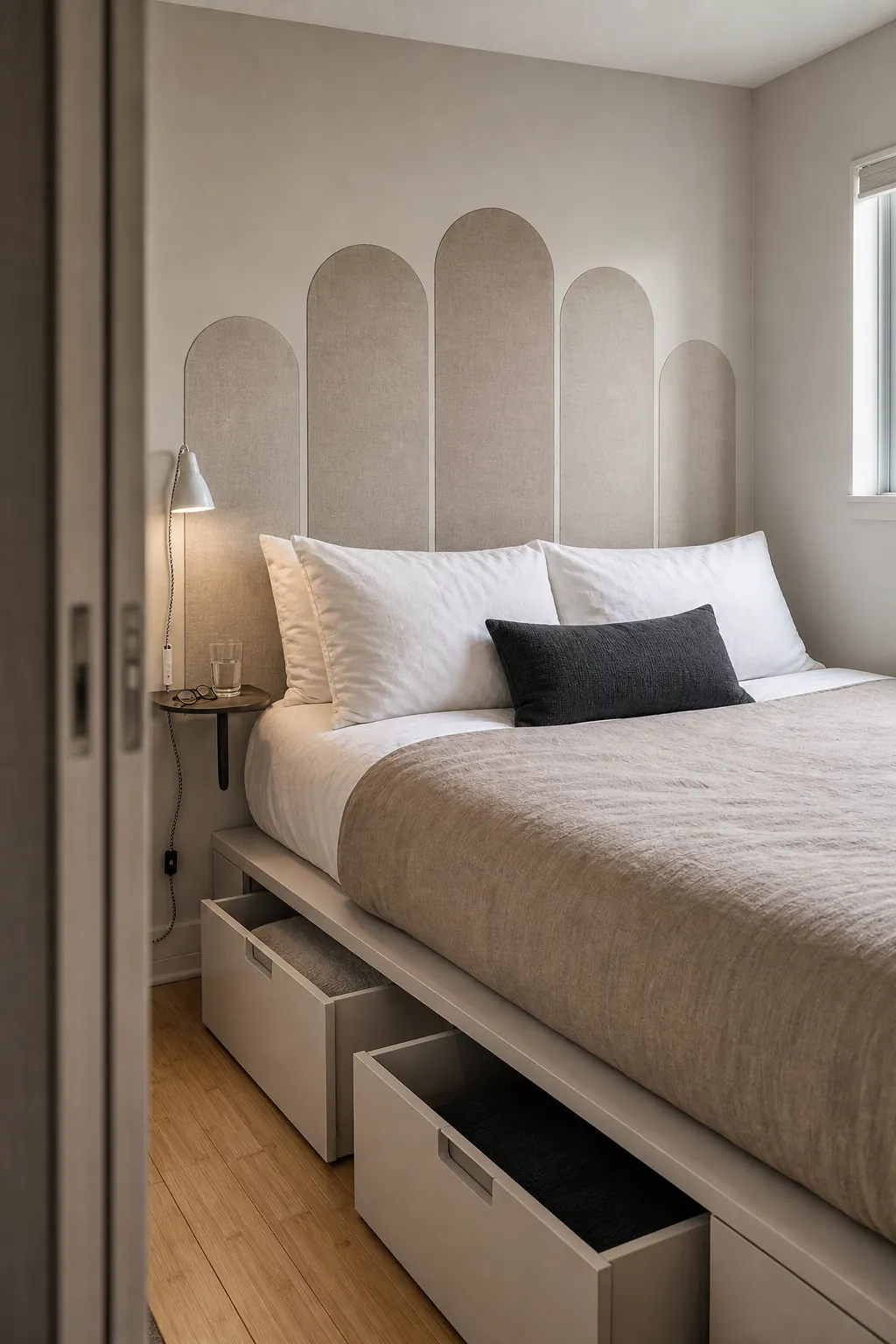 Rounded linen-look panels printed as a flat headboard decal