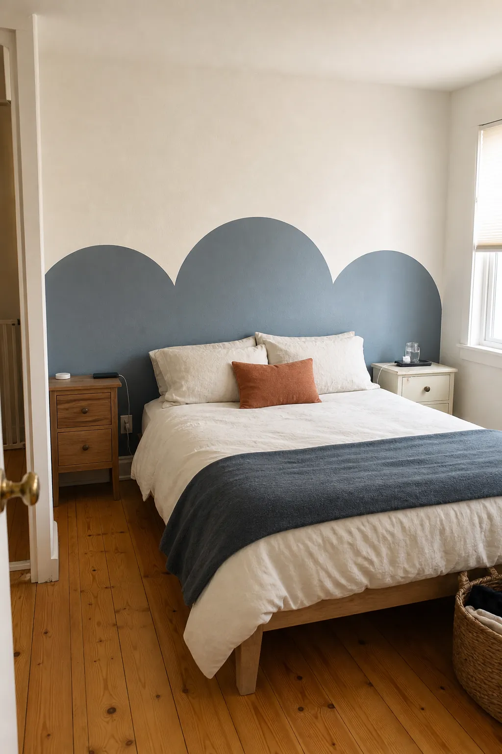 Broad scalloped half-wall decal behind a compact bed
