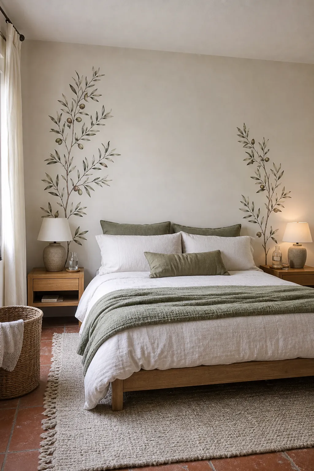 Sparse olive branch mural decals framing a headboard-free bed