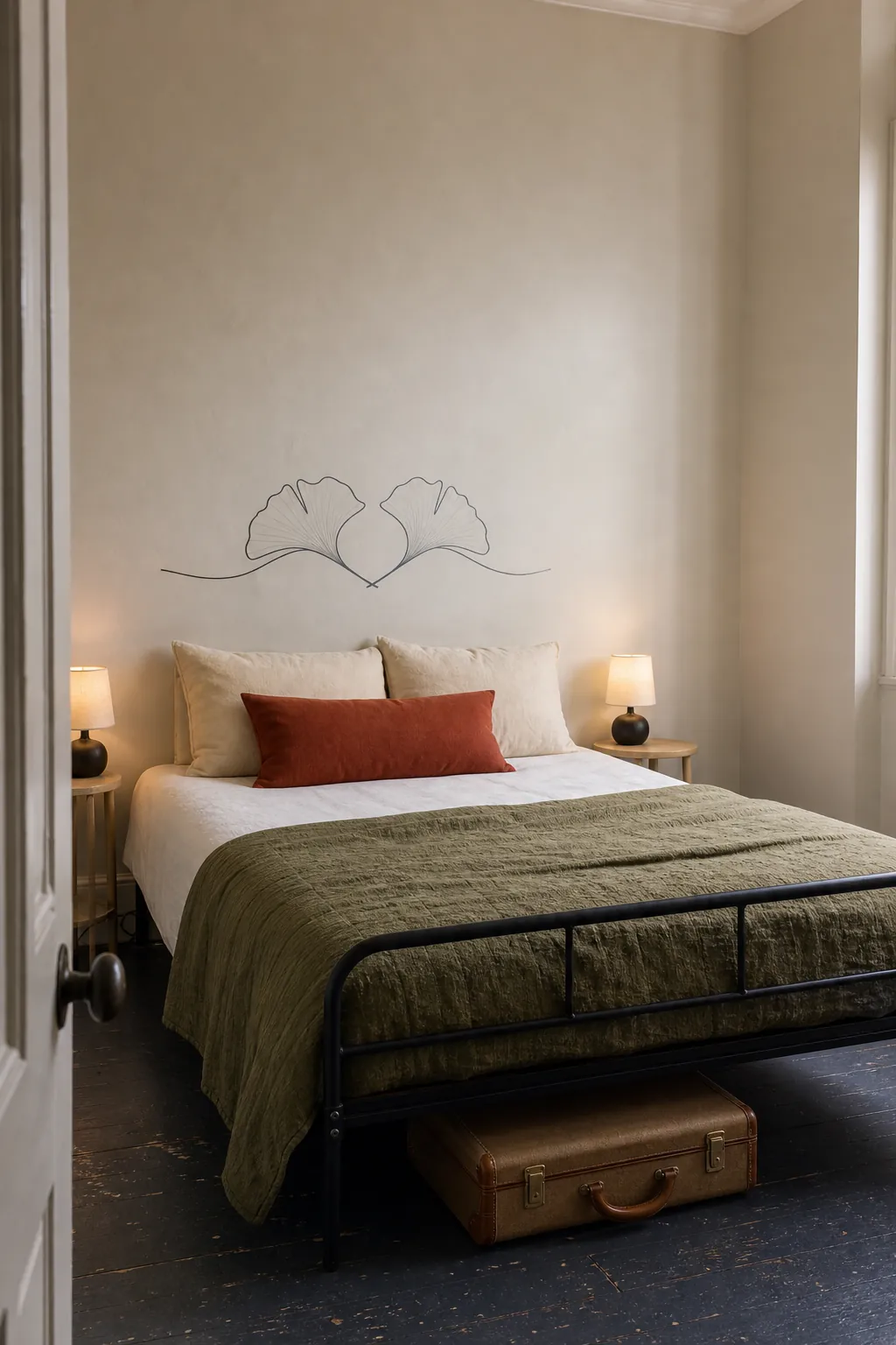 Charcoal ginkgo line decal crowning a headboard-free bed