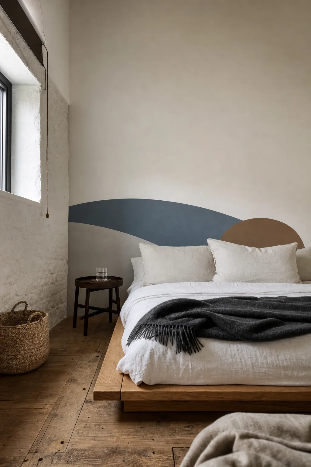 Low tonal geometric horizon decal behind a platform bed