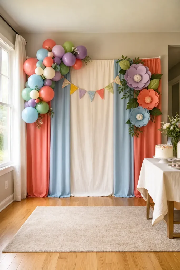 Colorful kids birthday party backdrop ideas in a real home celebration space