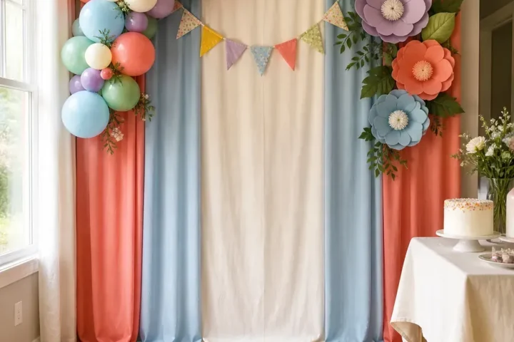 Colorful kids birthday party backdrop ideas in a real home celebration space