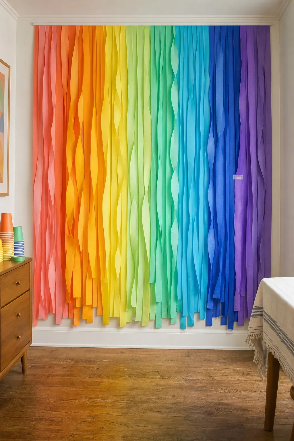 Rainbow crepe paper kids party backdrop with layered streamers