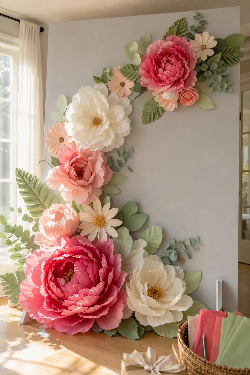 Oversized paper flower birthday wall decor for a children party