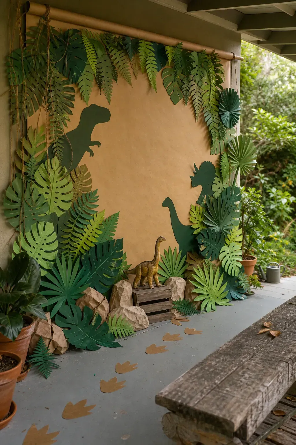 Dinosaur jungle leaf party photo wall for a kids birthday