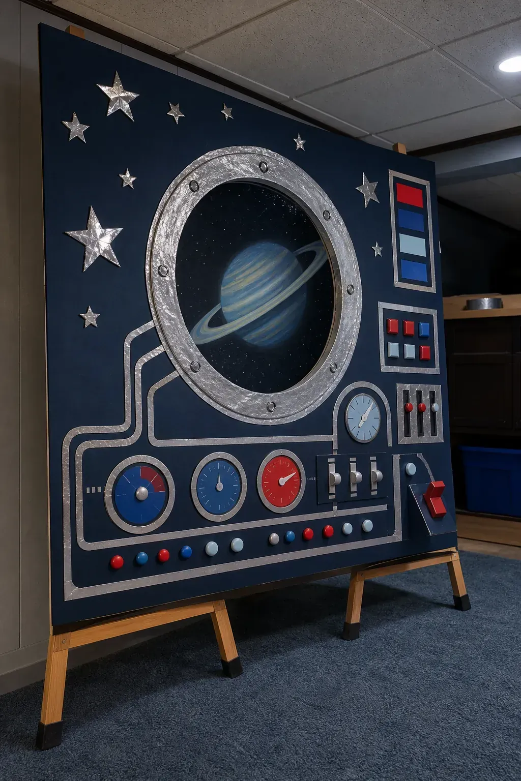 Space mission control kids party backdrop with planet porthole