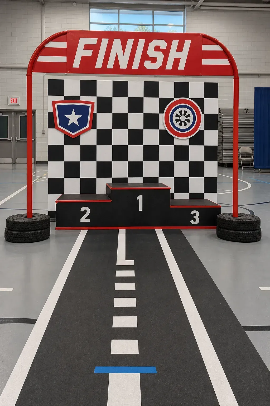 Checkered race track children party backdrop with finish line