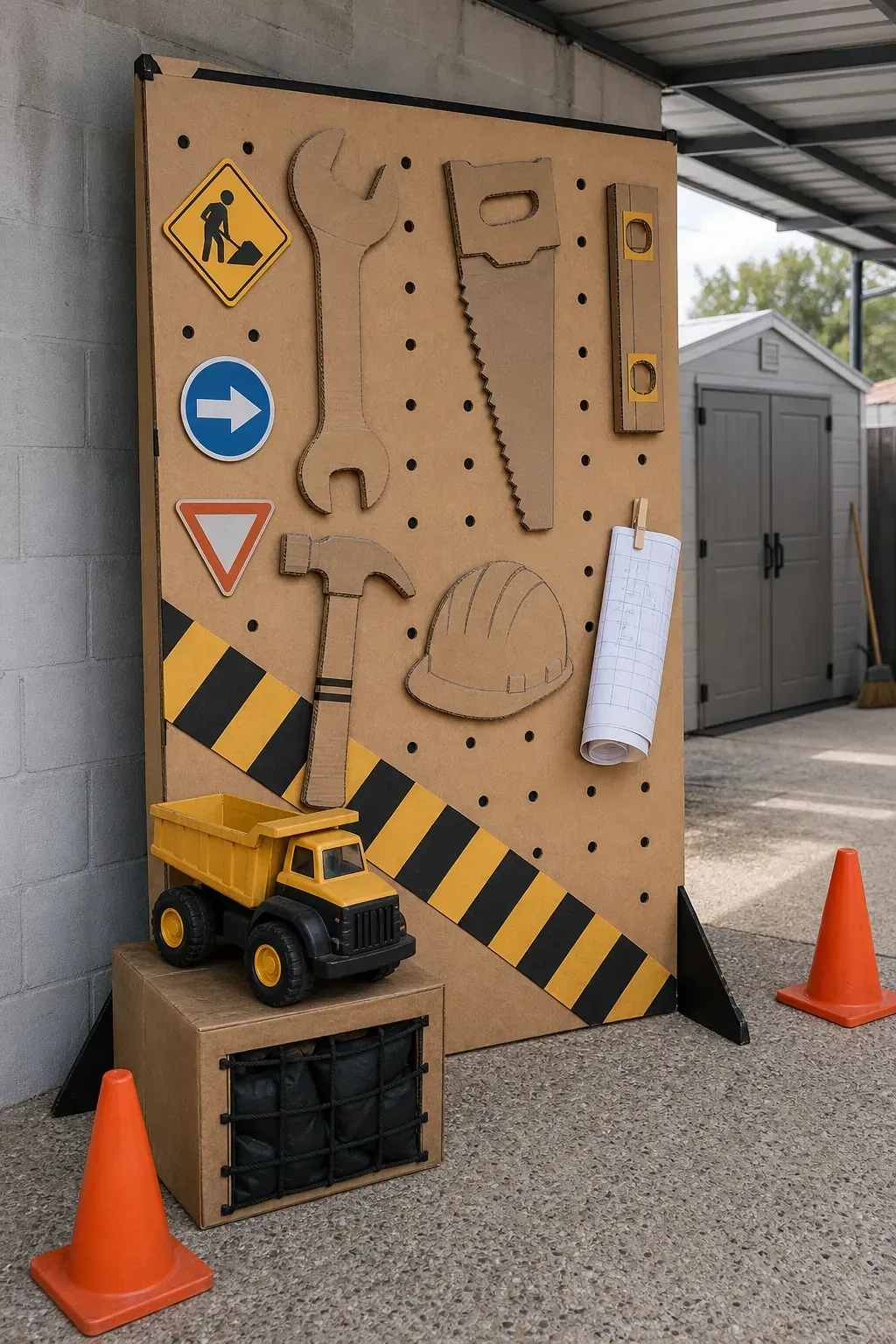 Construction zone kids birthday decor with cardboard tools