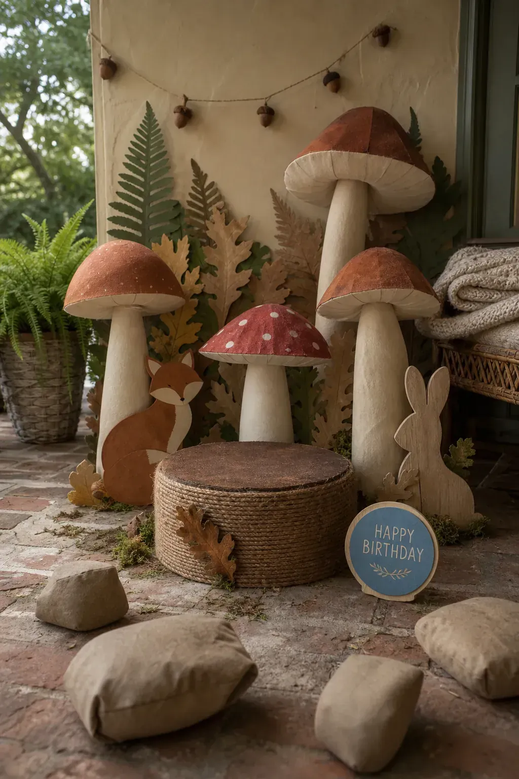 Woodland mushroom clearing kids party backdrop