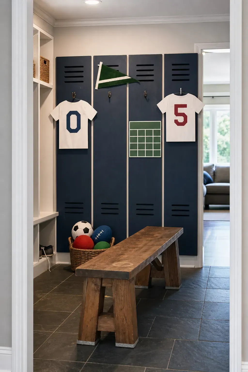 Sports locker room party photo wall for a kids birthday
