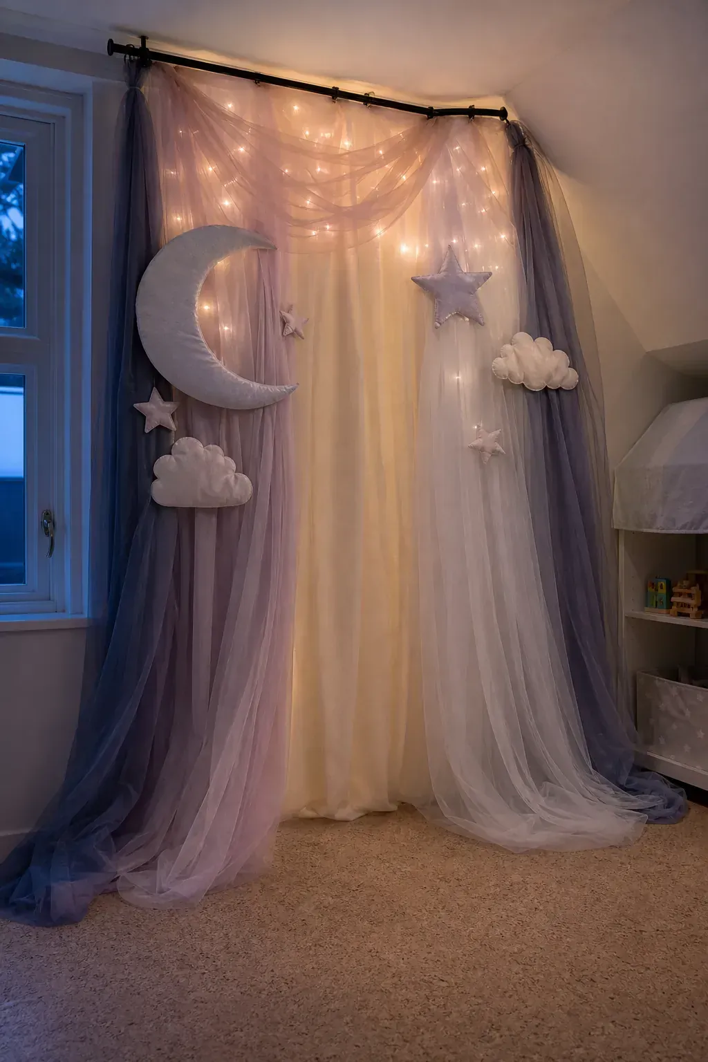 Fairy light tulle canopy birthday wall decor for children