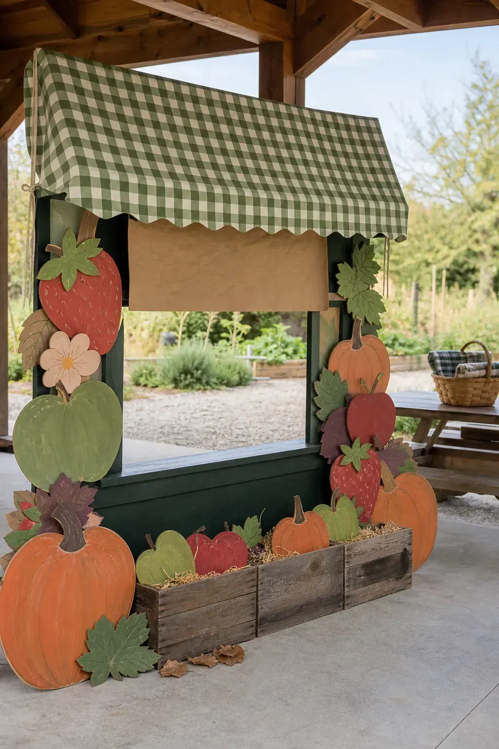 Farm stand market kids party backdrop with gingham decor