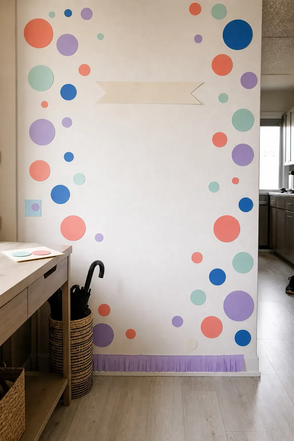 Colorful confetti dot party photo wall for a kids birthday