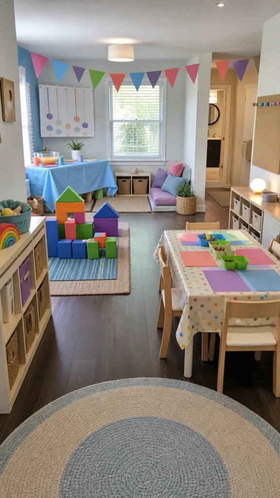Organized playroom birthday party setup with activity zones