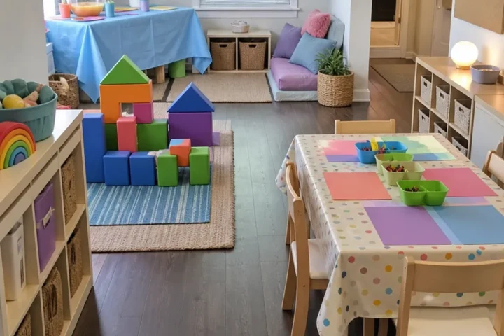 Organized playroom birthday party setup with activity zones