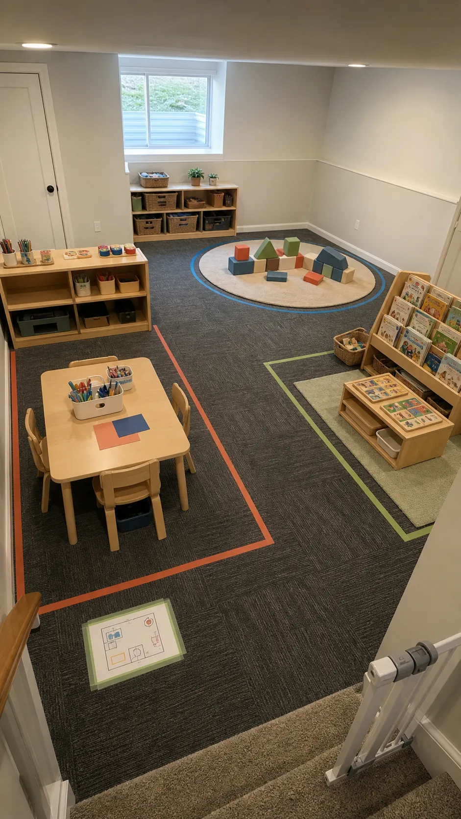 Three organized activity zones for an indoor kids birthday party