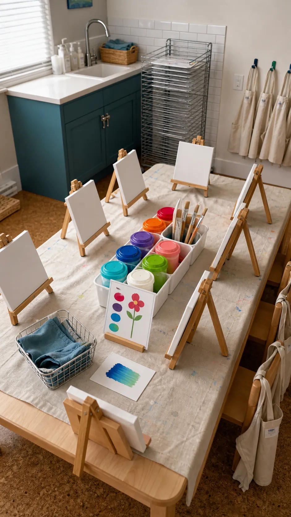 Washable art table setup for a kids birthday at home