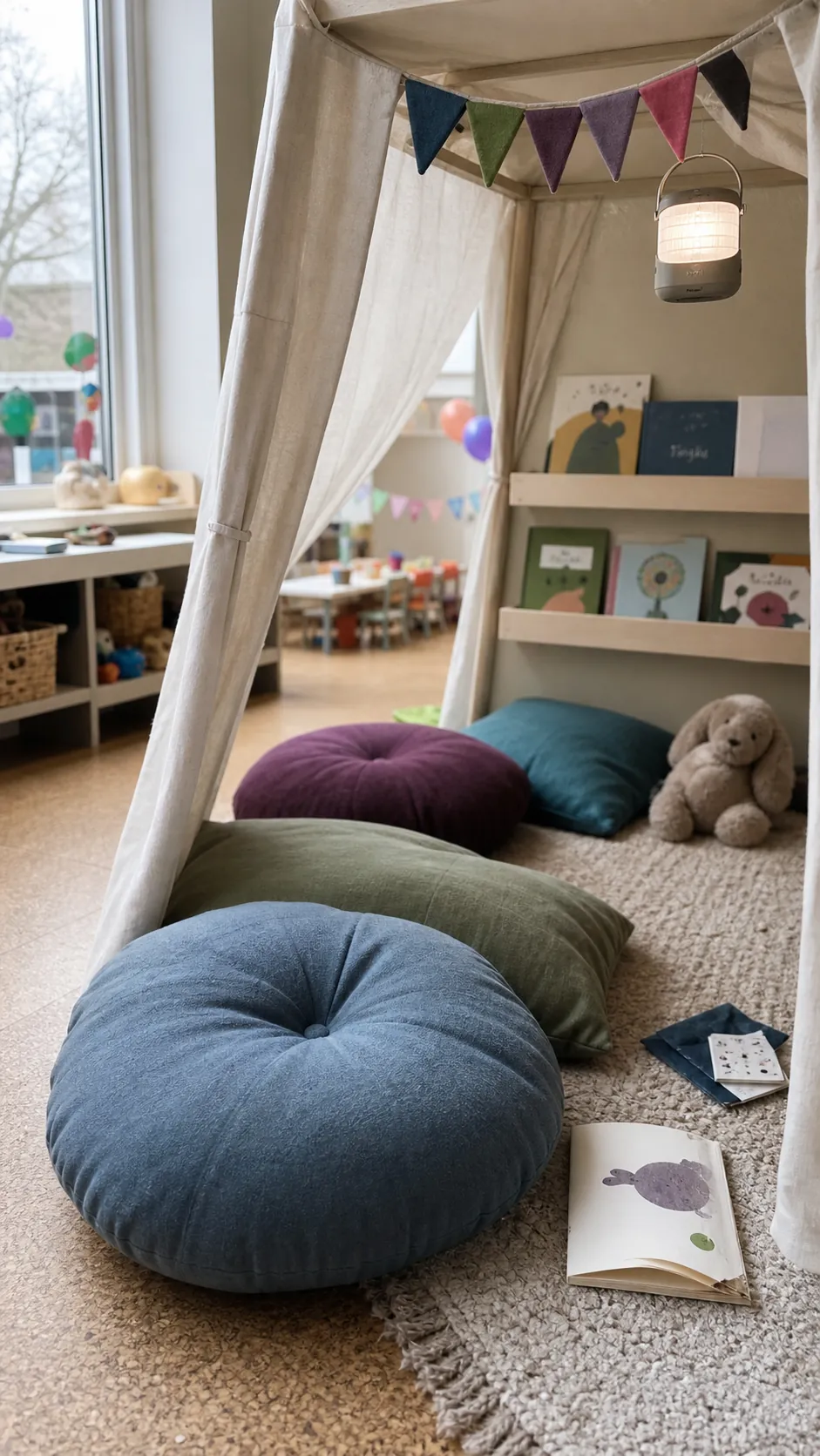 Quiet cushion reading retreat in a birthday playroom